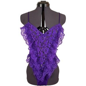 Vintage 1970s Purple Lace Teddy Ruffle vtg 70s Lingerie XS S Small 2 4 Negligee